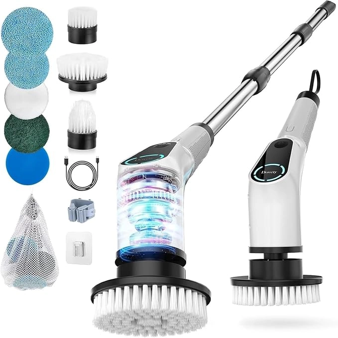 Electric Spin Scrubber with Extendable Handle & 8 Brush Heads – White